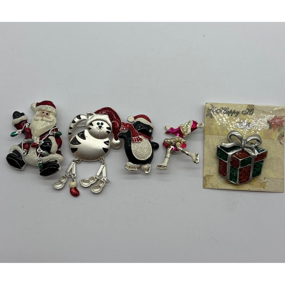 Lot of 5 Christmas Brooches Santa Cat Penguin Skater Gift Enamel Pins J42